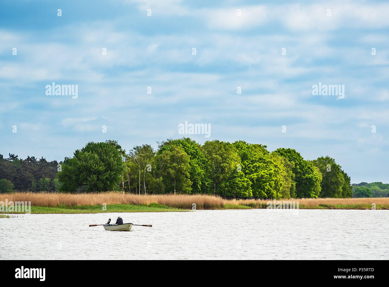 Rudern mit dem Boot auf einem See in geboren. Stockfoto