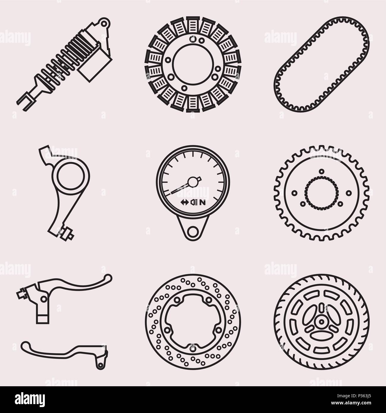 Verschiedene Arten von Motorradteile. Dünne Linie Vektor Stock Vektor