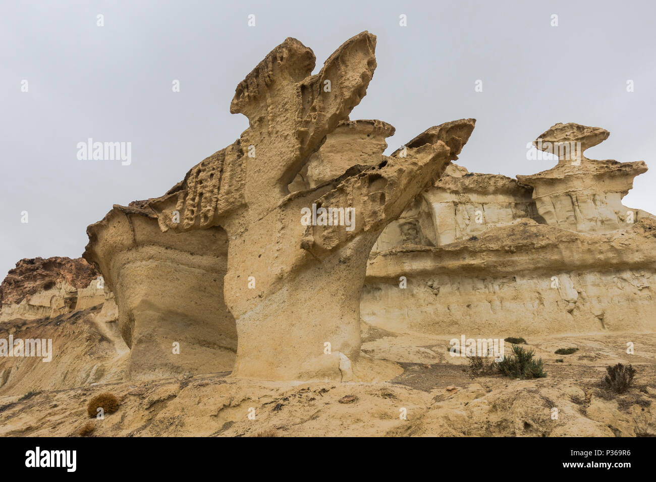 Die erosionen von Bolnuevo, Sandstein Strukturen, Playa Bolnuevo, Mazarrón, Murcia, Costa Calida, Spanien. Stockfoto