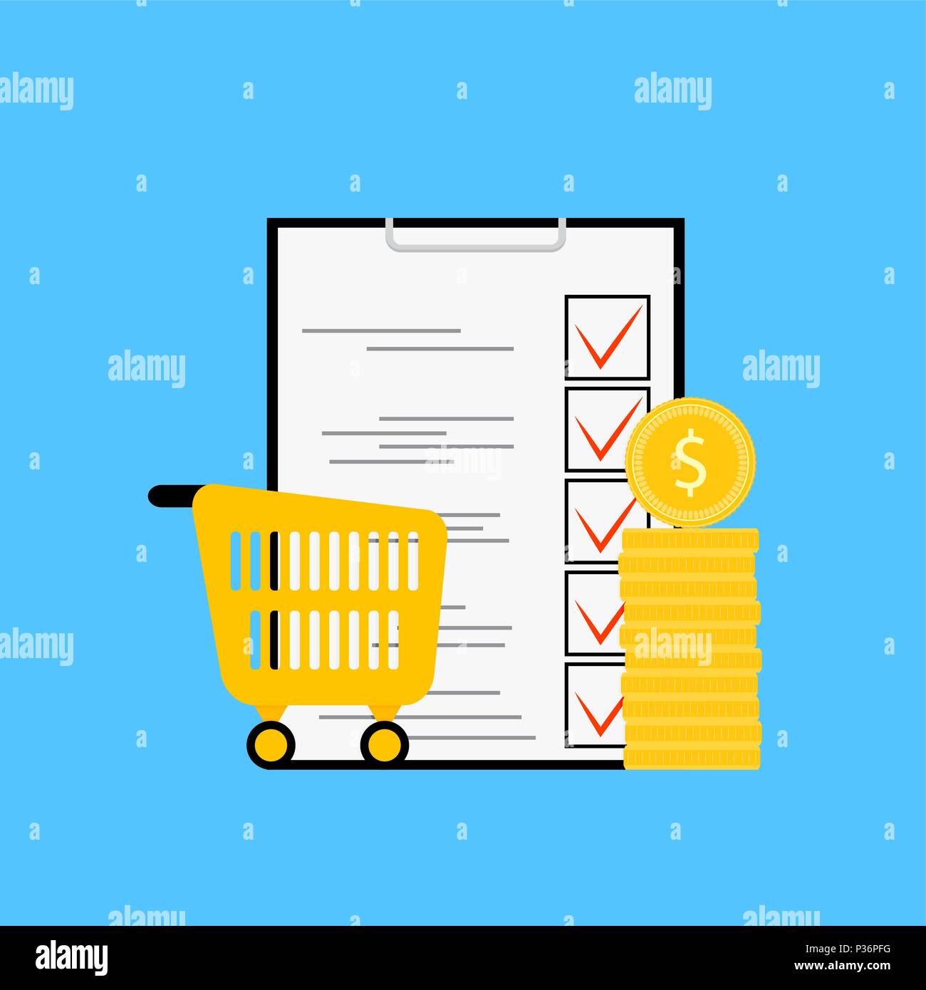 Produkt Budget und Liste. Planung Supermarkt prüfen, Shop, Verkauf, Einkauf im Einzelhandel Checkliste Geld und Haushalt. Vector Illustration Stock Vektor