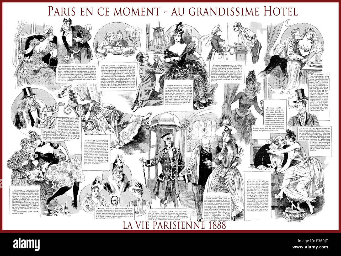 Französische satirische Zeitschrift La vie parisienne 1888, zentrale Seite: Paris en ce Moment-au grandissime Hotel (Paris jetzt bei dem Grand hotel), dating Mode, Liebe, Humor, Karikaturen, Porträts Stockfoto