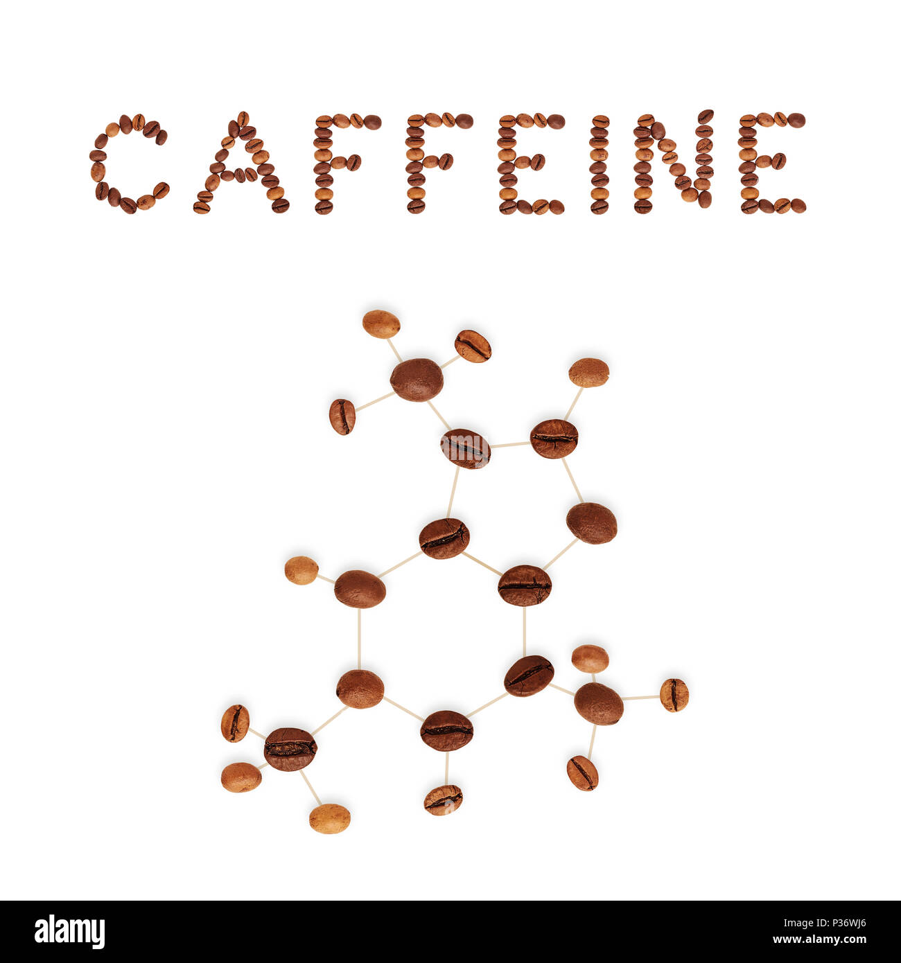 Koffein Molekül der chemischen Struktur. Der Strukturformel des Koffein mit dunkelbraunen Kaffeebohnen. Stockfoto