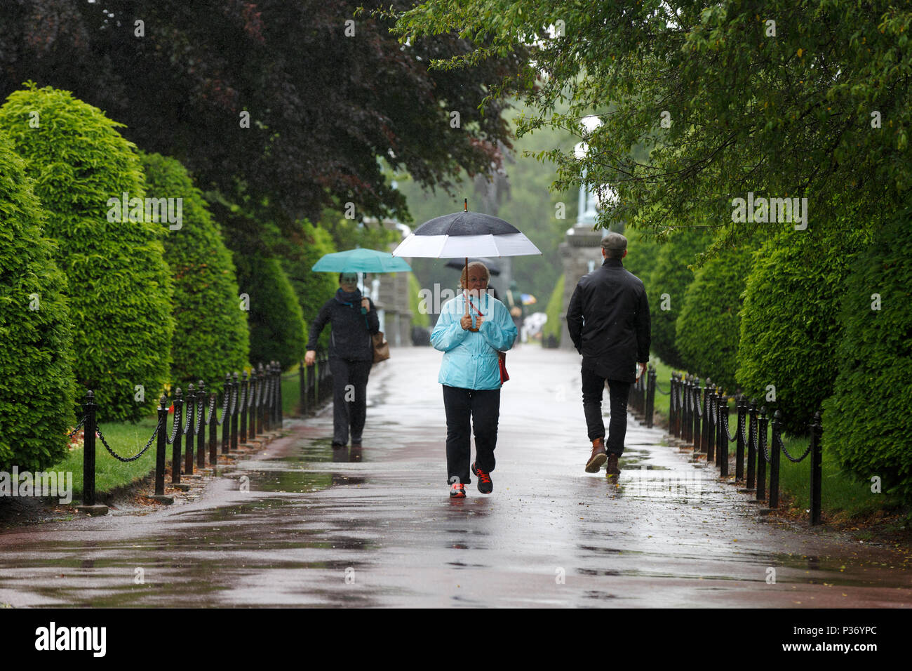 Menschen zu Fuß im öffentlichen Garten an einem regnerischen Tag, Boston, Massachusetts Stockfoto