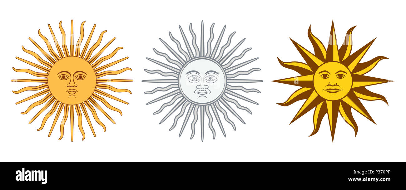 Sun Mai Variationen. Spanisch Sol de Mayo, hoheitszeichen von Uruguay und Argentinien. Strahlende, silberne oder goldene gelbe Sonne mit menschlichem Gesicht. Stockfoto