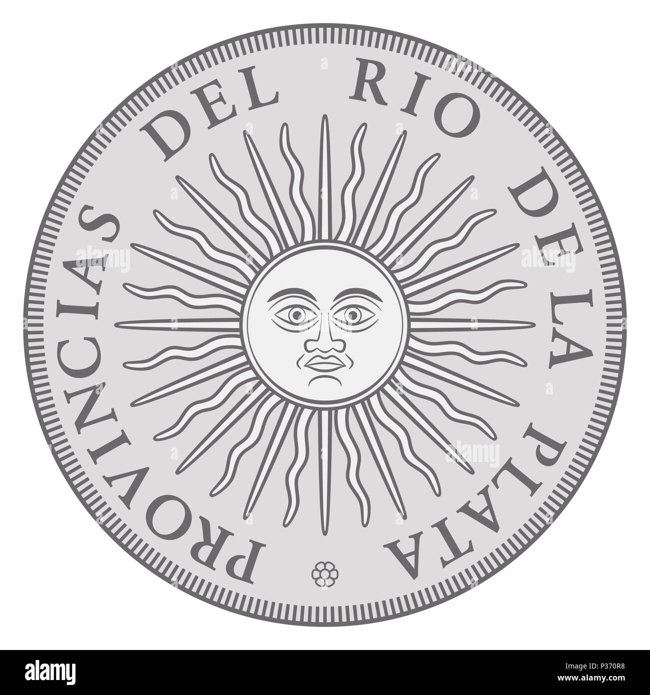 Anfang der Argentinischen Silber münze mit Sonne im Mai, die im Namen der Vereinigten Provinz des River Plate ausgestellt. Sol de Mayo, Hoheitszeichen. Stockfoto