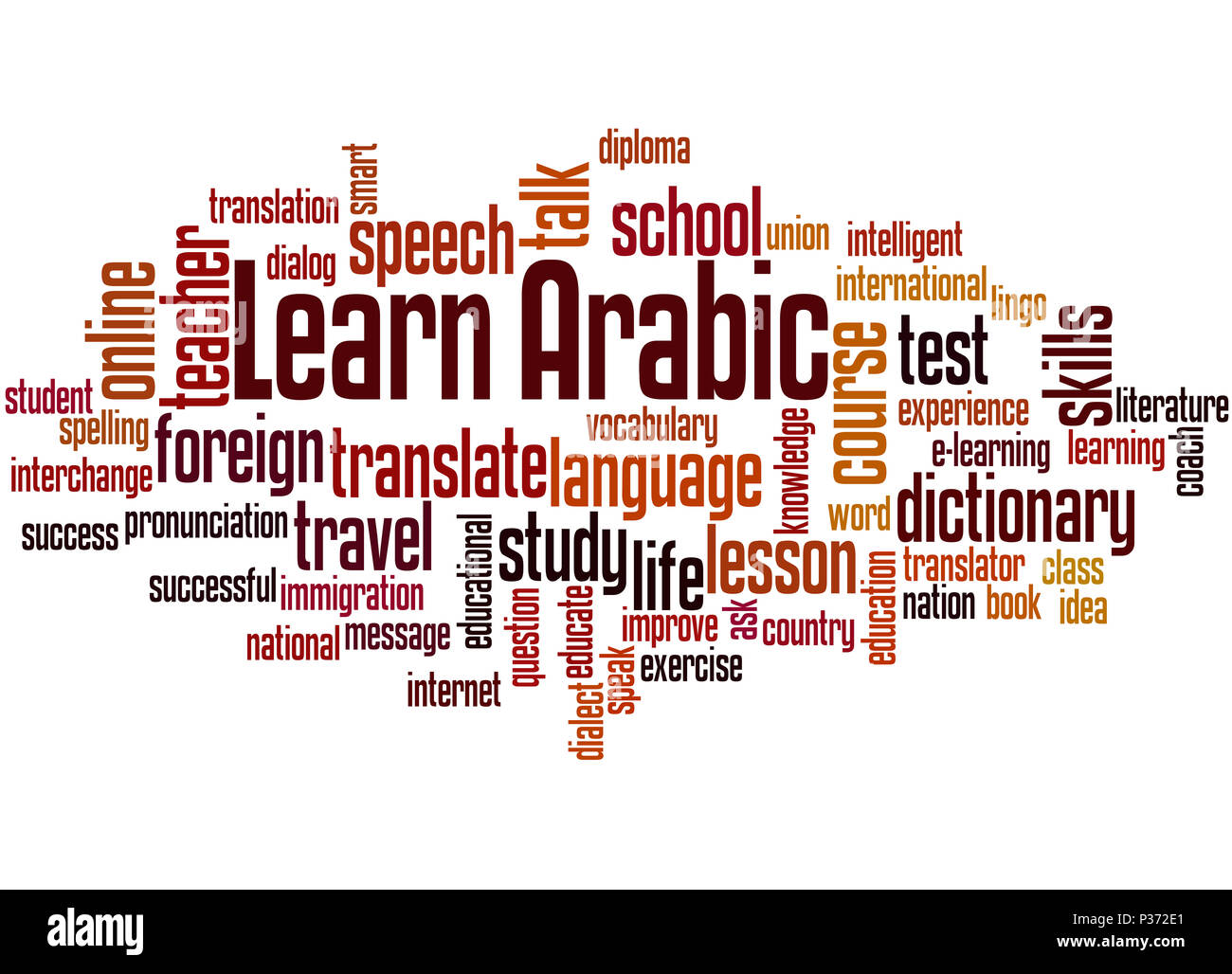 Lernen Sie Arabisch, Word cloud Konzept auf weißem Hintergrund. Stockfoto