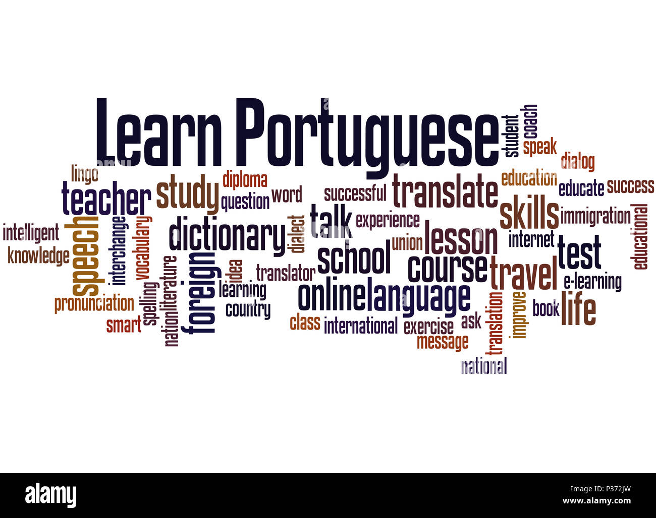 Portugiesisch lernen, Word cloud Konzept auf weißem Hintergrund. Stockfoto