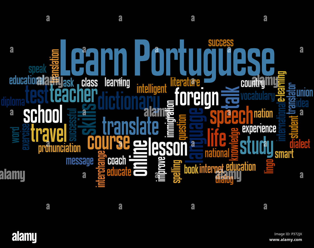 Portugiesisch lernen, Word cloud Konzept auf schwarzem Hintergrund. Stockfoto