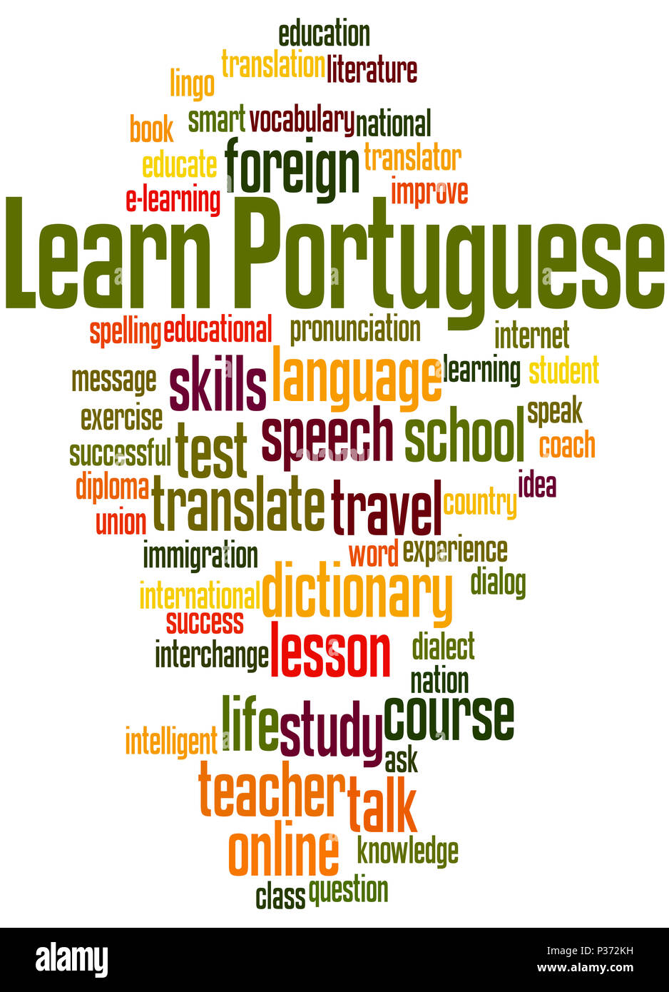 Portugiesisch lernen, Word cloud Konzept auf weißem Hintergrund. Stockfoto