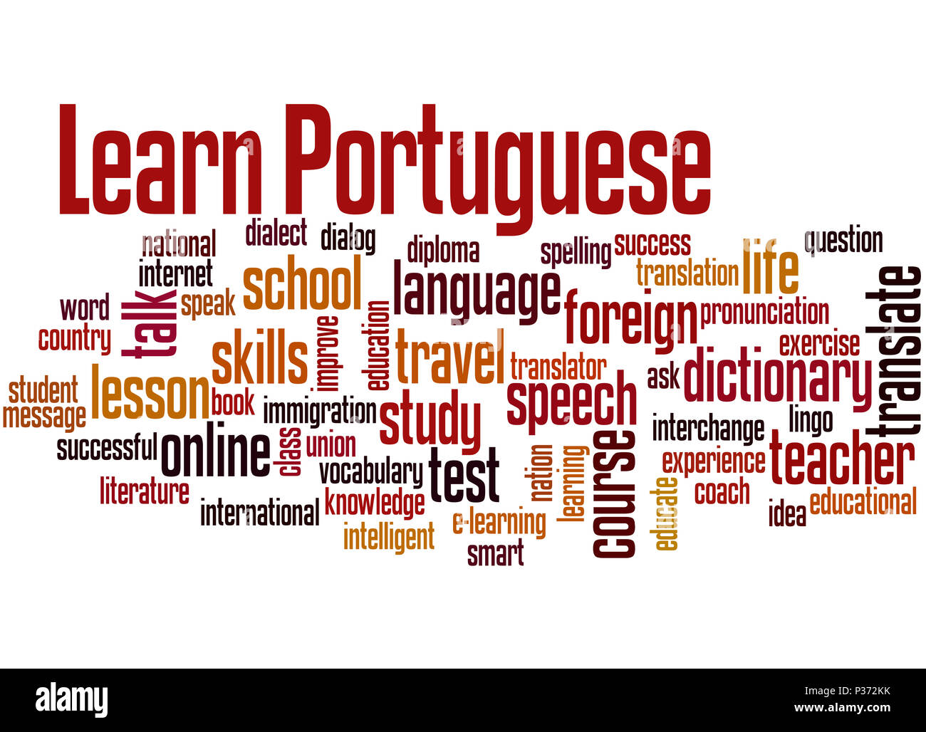Portugiesisch lernen, Word cloud Konzept auf weißem Hintergrund. Stockfoto
