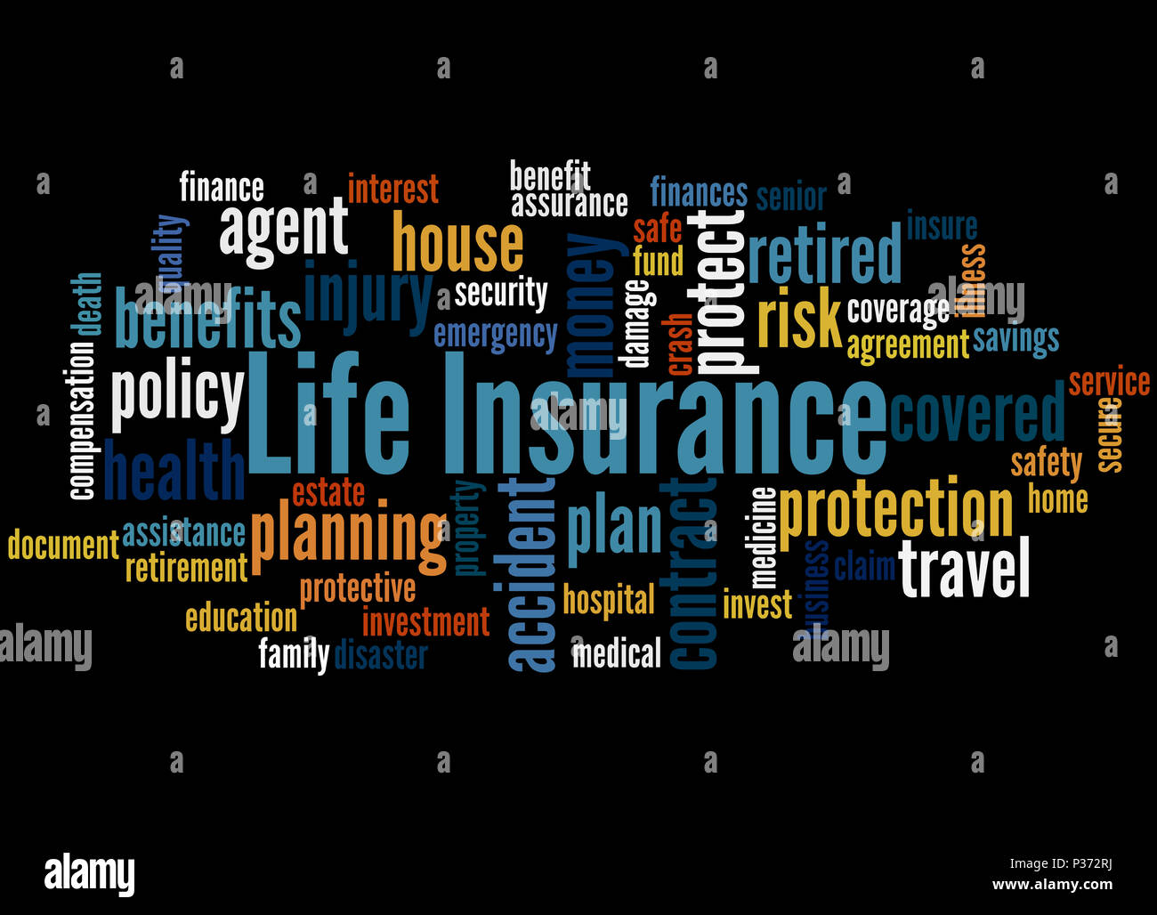 Lebensversicherung, Word cloud Konzept auf schwarzem Hintergrund. Stockfoto