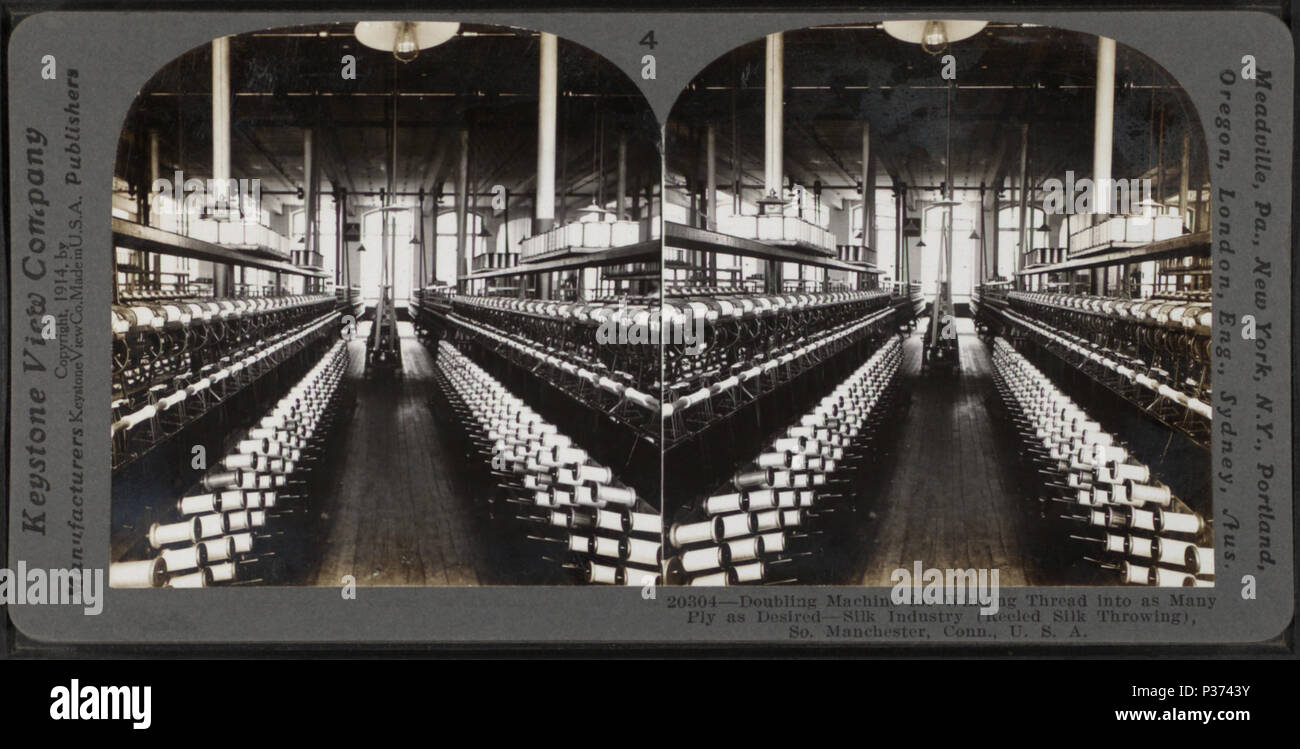 . Verdoppelung Maschine für die Wicklung thread in so viele Ply wie gewünscht. Seidenindustrie (reeled Seide werfen), South Manchester, Anschl., USA Veröffentlicht: c 1914. Abdeckung: c 1914. Digitale Element veröffentlicht 1-25 2006; 2-11-2009 aktualisiert. 87 Maschine Verdoppelung der Wicklung thread in so viele Ply wie gewünscht. Seidenindustrie (reeled Seide werfen), South Manchester, Anschl., USA, durch Keystone View Company Stockfoto