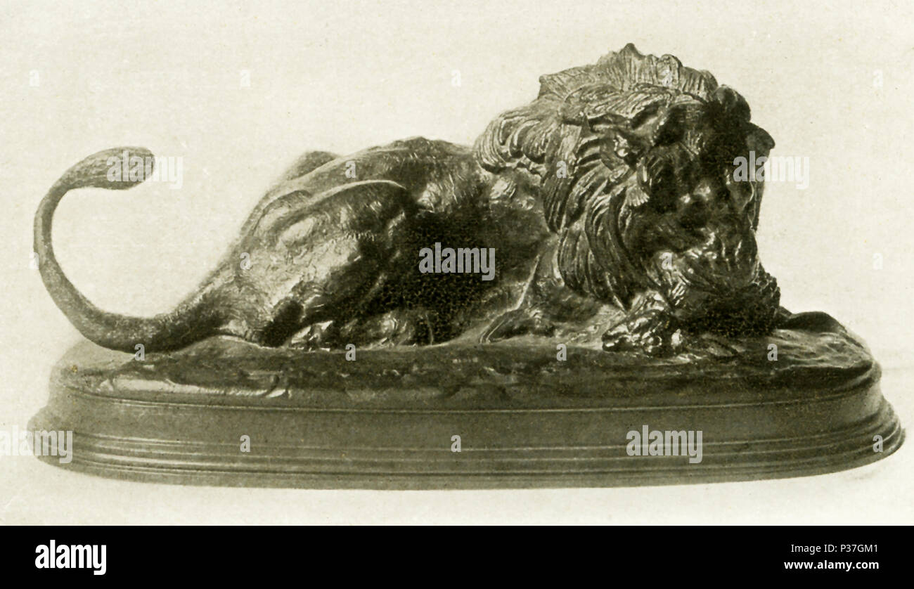 Antoine Louis Barye (1795-1875) war ein französischer Bildhauer. Er ist am besten bekannt als Bildhauer von Tieren (also eine ANIMALIER). Diese Skulptur von Barye trägt den Titel "Lion Decvouring eine Damhirschkuh" (Lion devorant une Biche") und gehörte zu der Sammlung des späten Cyrus J. Lawrence, Esq. Stockfoto
