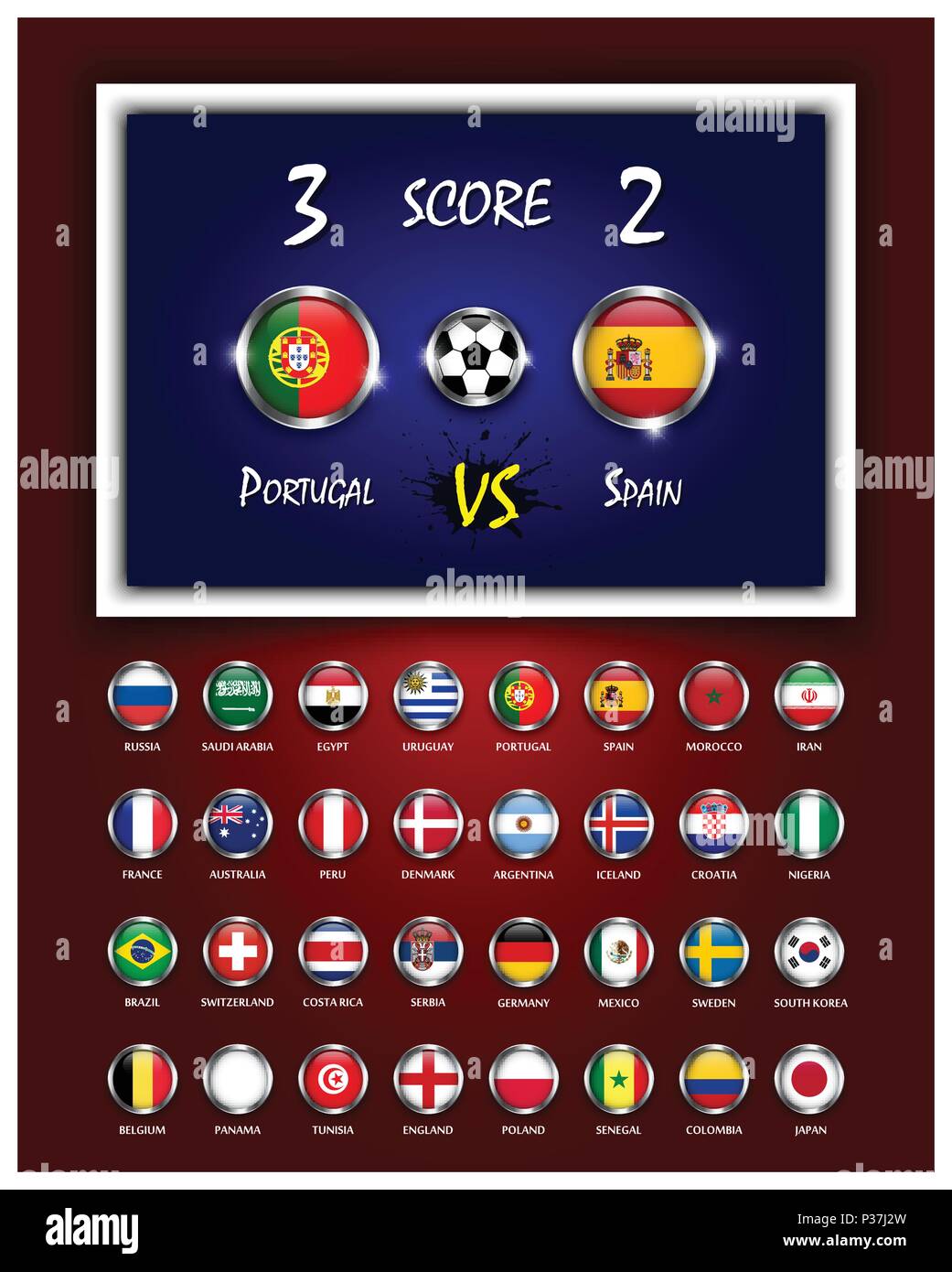 Scoreboard für Fußballspiel und Circle design Nationalflaggen mit Metallrahmen auf roten und blauen Farbverlauf Hintergrund. Vektor für internationale nicht Stock Vektor