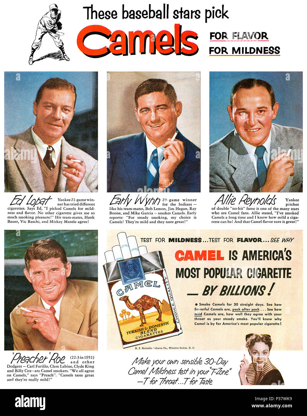 1952 US-Werbung für Zigaretten Camel, mit Baseball Stars Ed Lopat, frühe Wynn, Allie Reynolds und 'Prediger' Roe. Stockfoto