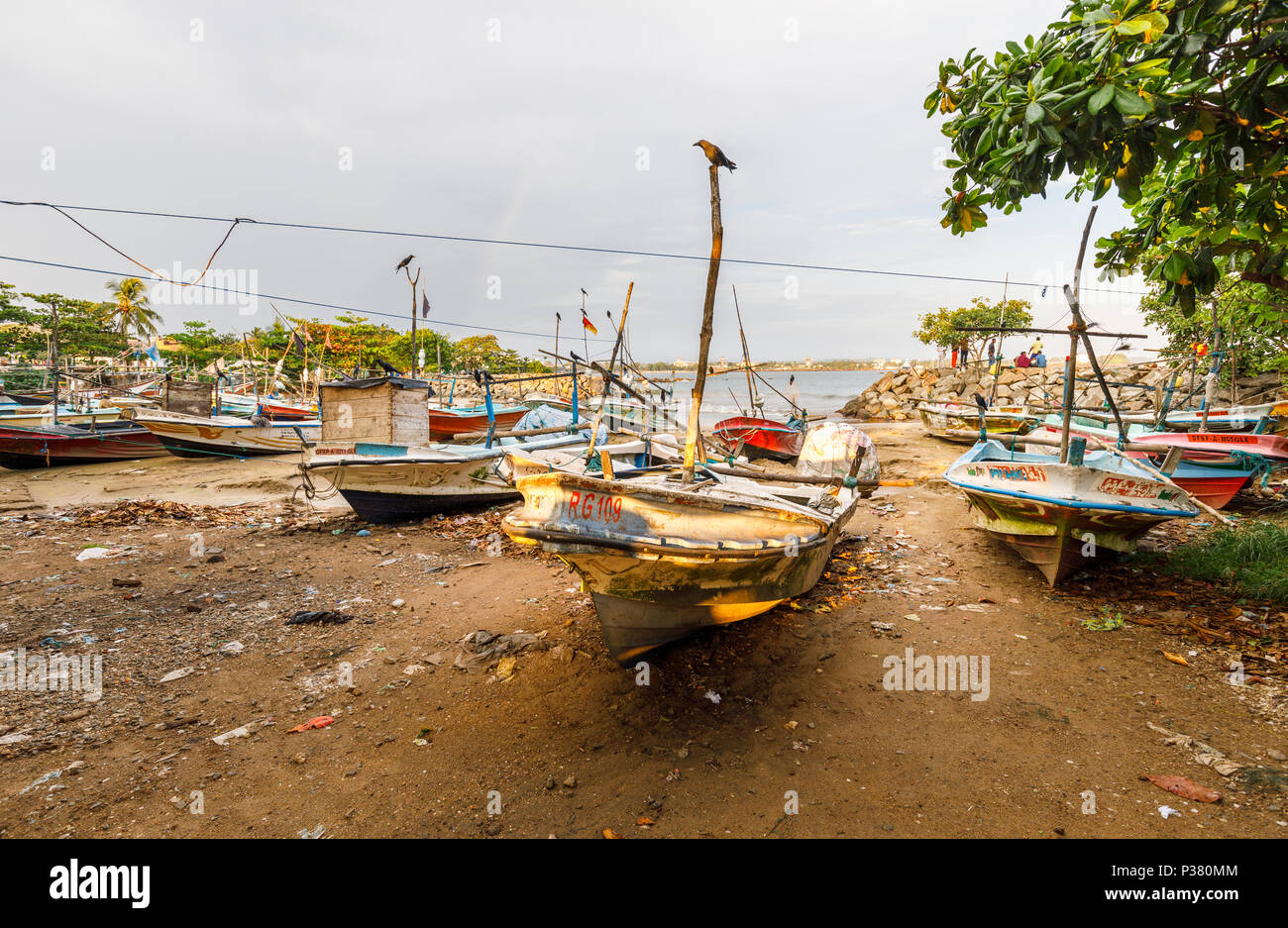 Traditionelle bunte lokalen Stil Fischerboote Strände an der Küste am Strand in Galle, der südlichen Provinz, Sri Lanka im Abendlicht Stockfoto