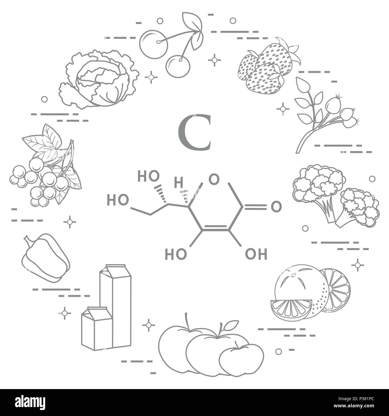 Lebensmittel, die reich an Vitamin C Kirsche, Erdbeere, Dog Rose, Blumenkohl, Orangen, Äpfel, Milch, Milchprodukte, Paprika, Schwarze Johannisbeeren, Kohl. Stock Vektor