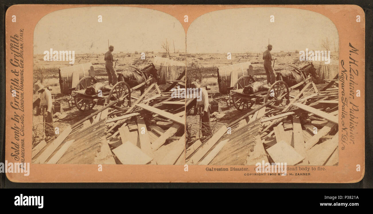 . Galveston Disaster, weg Carting toten Körper zu Feuer. Abdeckung: 1900. Quelle Impressum: 1865?-1900.. Digitale Element veröffentlicht 12-1-2005; 6-15-2009 aktualisiert. 117 Galveston Disaster, weg Carting toten Körper zu Feuer, von Robert N. Dennis Sammlung von stereoskopische Ansichten Stockfoto
