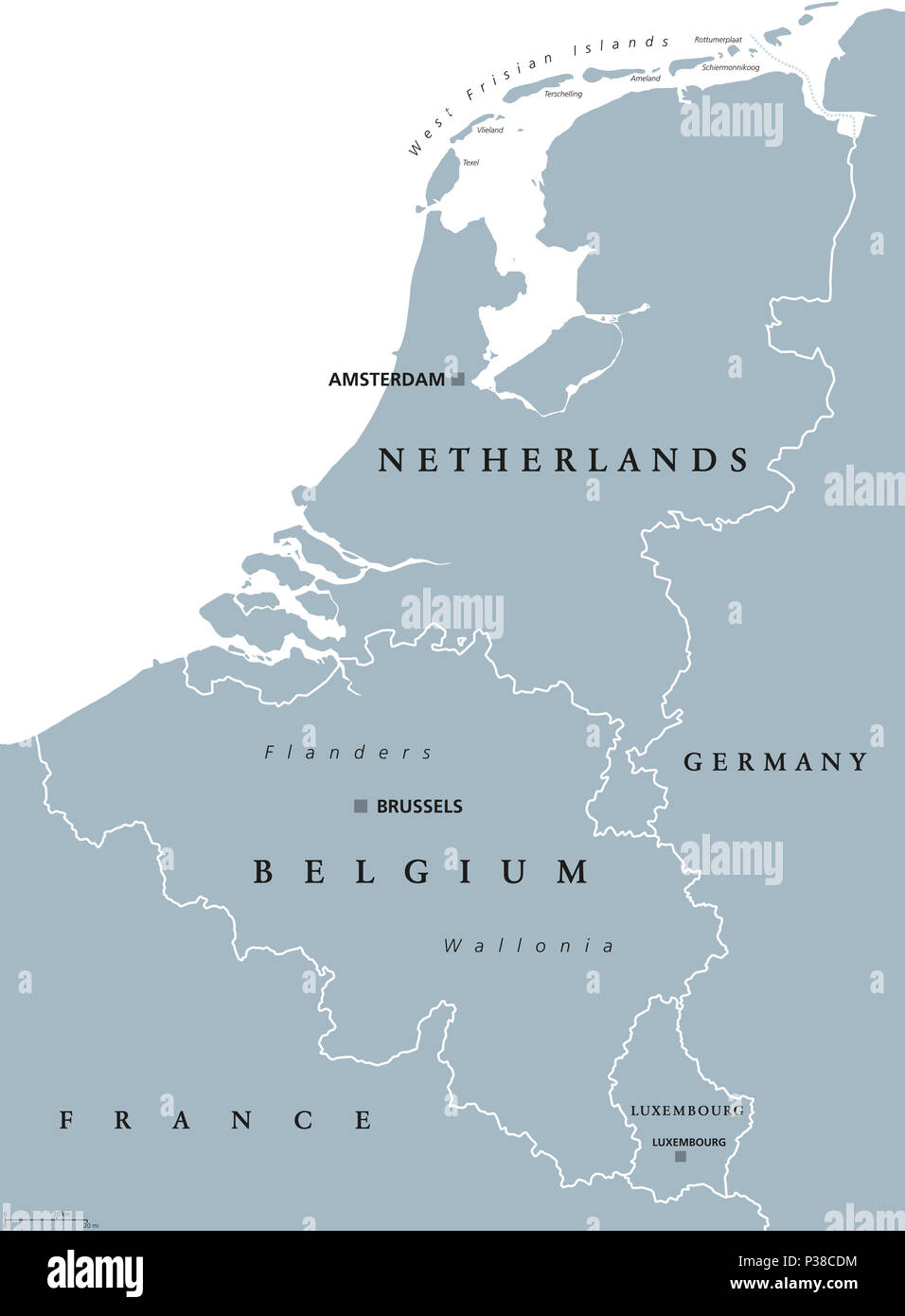 Benelux, grau gefärbte politische Karte. Belgien, Niederlande und Luxemburg. Benelux Union, eine geographische, wirtschaftliche und kulturelle Gruppe. Stockfoto