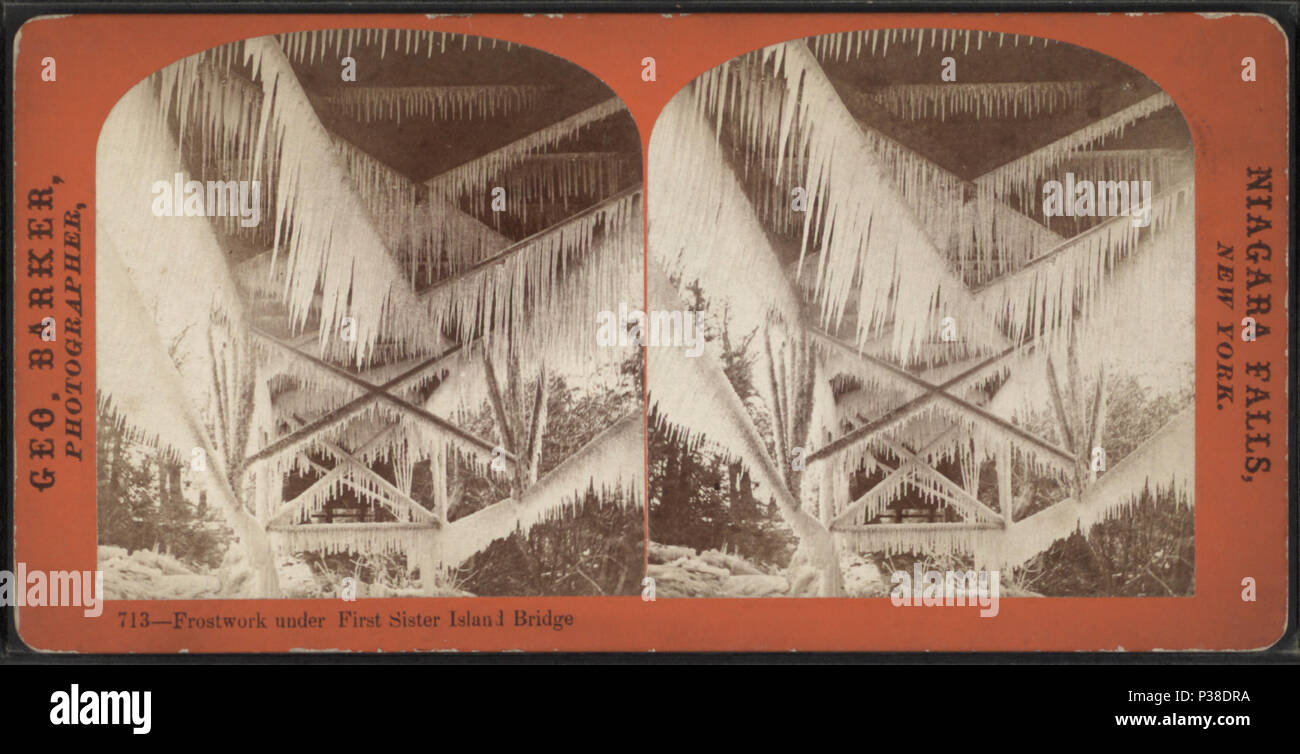 . Eisblumen unter der ersten Schwester Insel Brücke. Abdeckung: 1865?-1880?. Quelle Impressum: Niagara Falls, NY: George Barker, 1865?-1880?. Digitale Element veröffentlicht 6-14 2006; 2-11-2009 aktualisiert. 116 Eisblumen unter der ersten Schwester Insel Brücke, von Barker, George, 1844-1894 2. Stockfoto