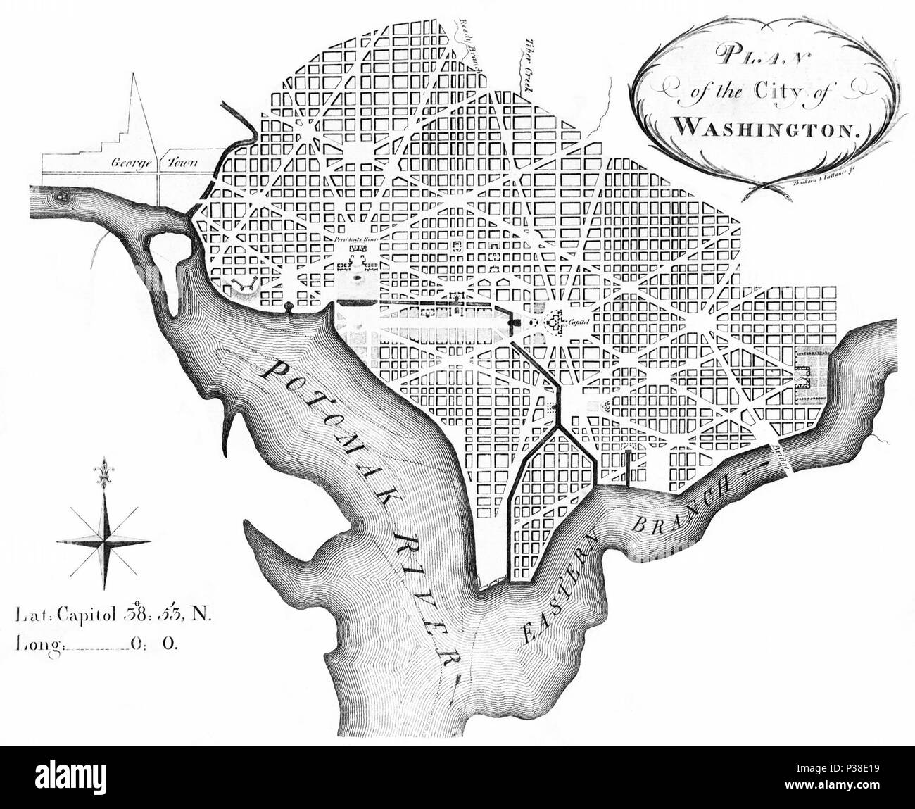 . Englisch: Plan der Stadt Washington, März 1792, Gravur auf Papier, siehe Bibliothek des Kongresses. März 1792. Andrew Ellicott, von Pierre (Peter) Charles L'Enfant überarbeitet; Thackara & Vallance sc., Philadelphia 1792 2 L'Enfant plan Stockfoto