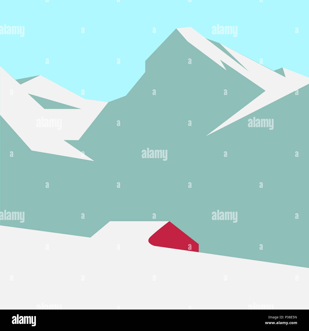Verschneite Berglandschaft mit ein einsames Rotes Haus. Vector Illustration. Stock Vektor