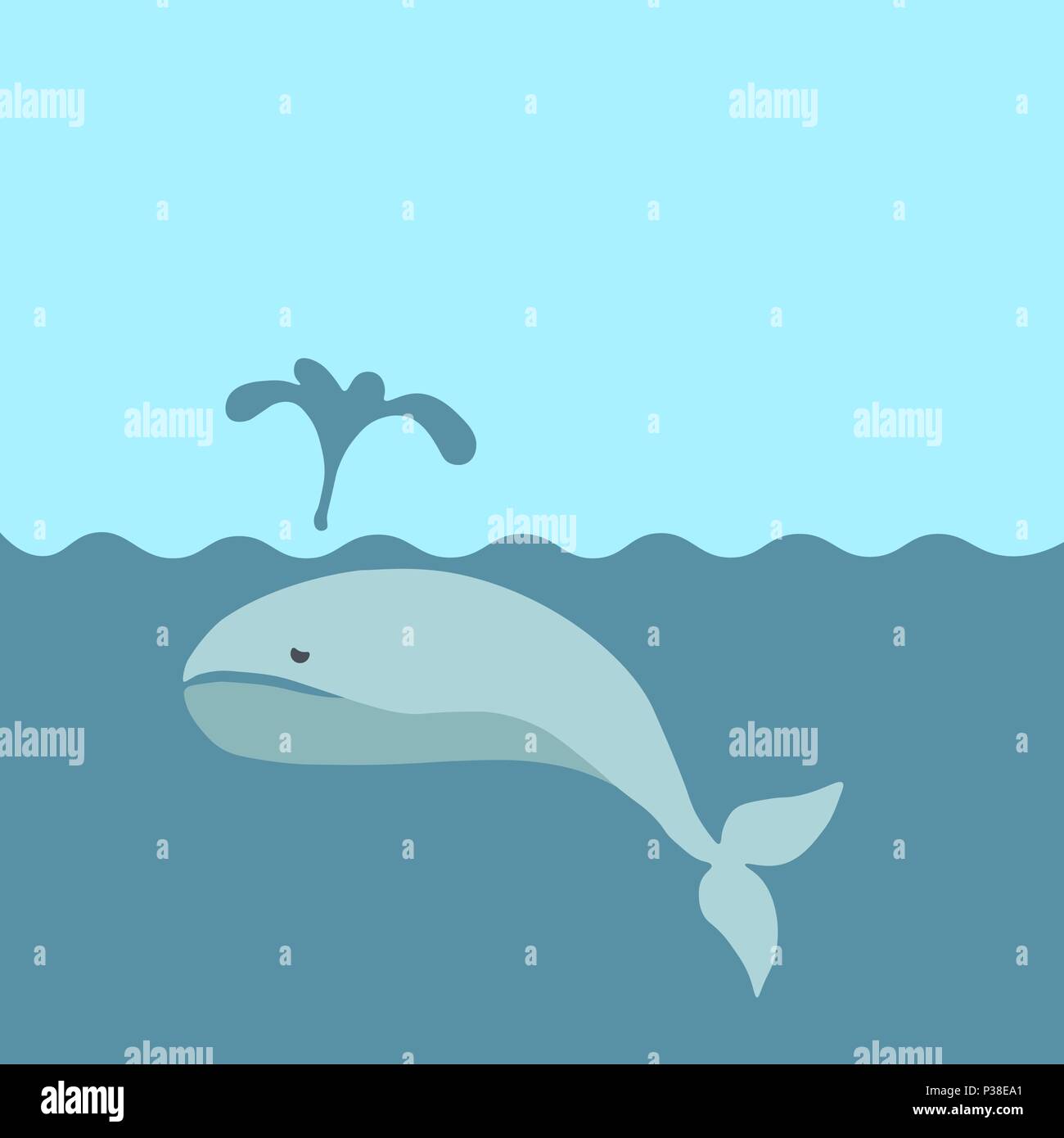 Eine traurige Wal lässt einen Brunnen. Vector Illustration. Ein einsamer Wale im Meer. Stock Vektor