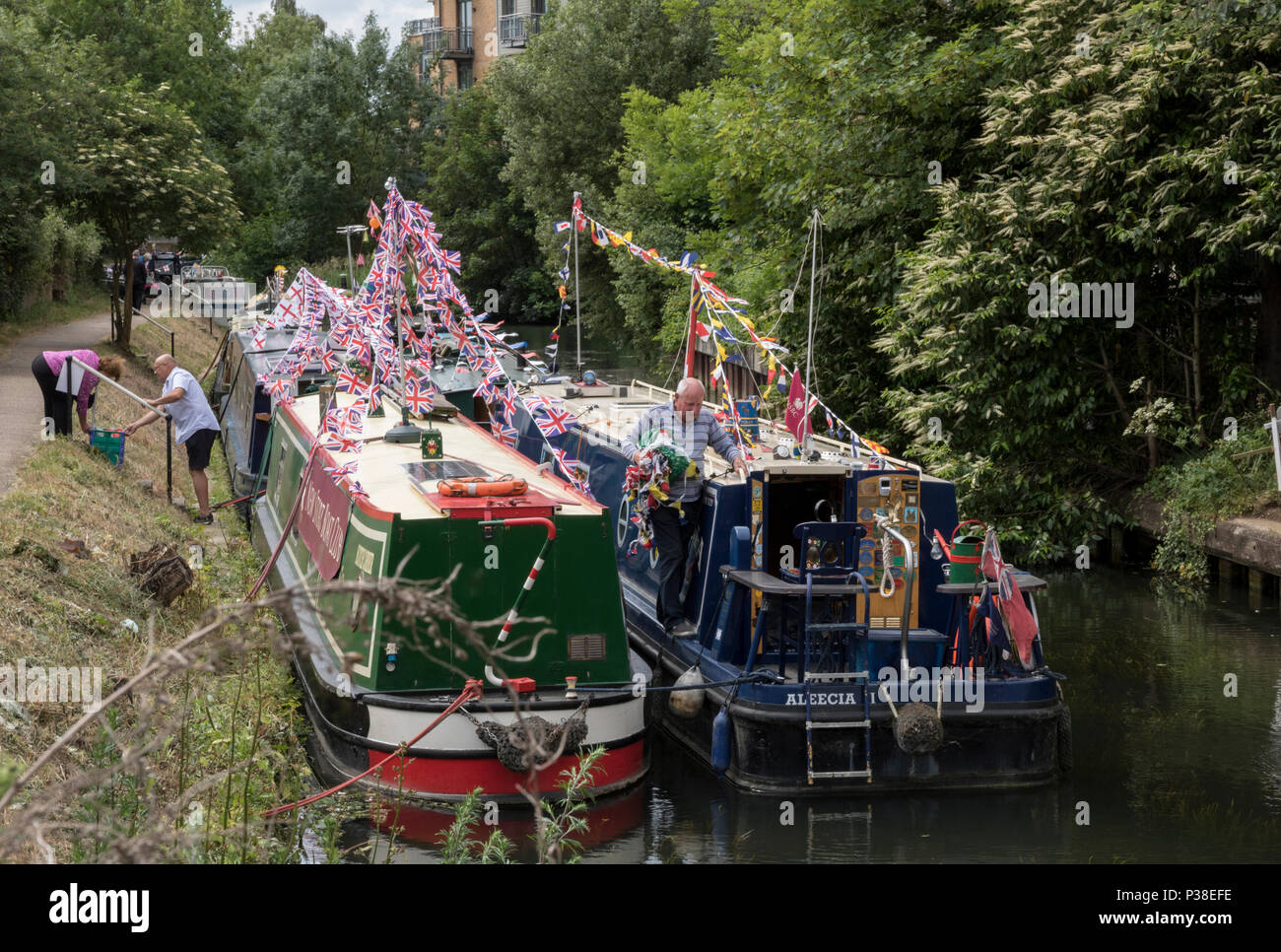 Schmale Boote gekleidet Insgesamt auf dem Fluss Stort für Festival Stockfoto