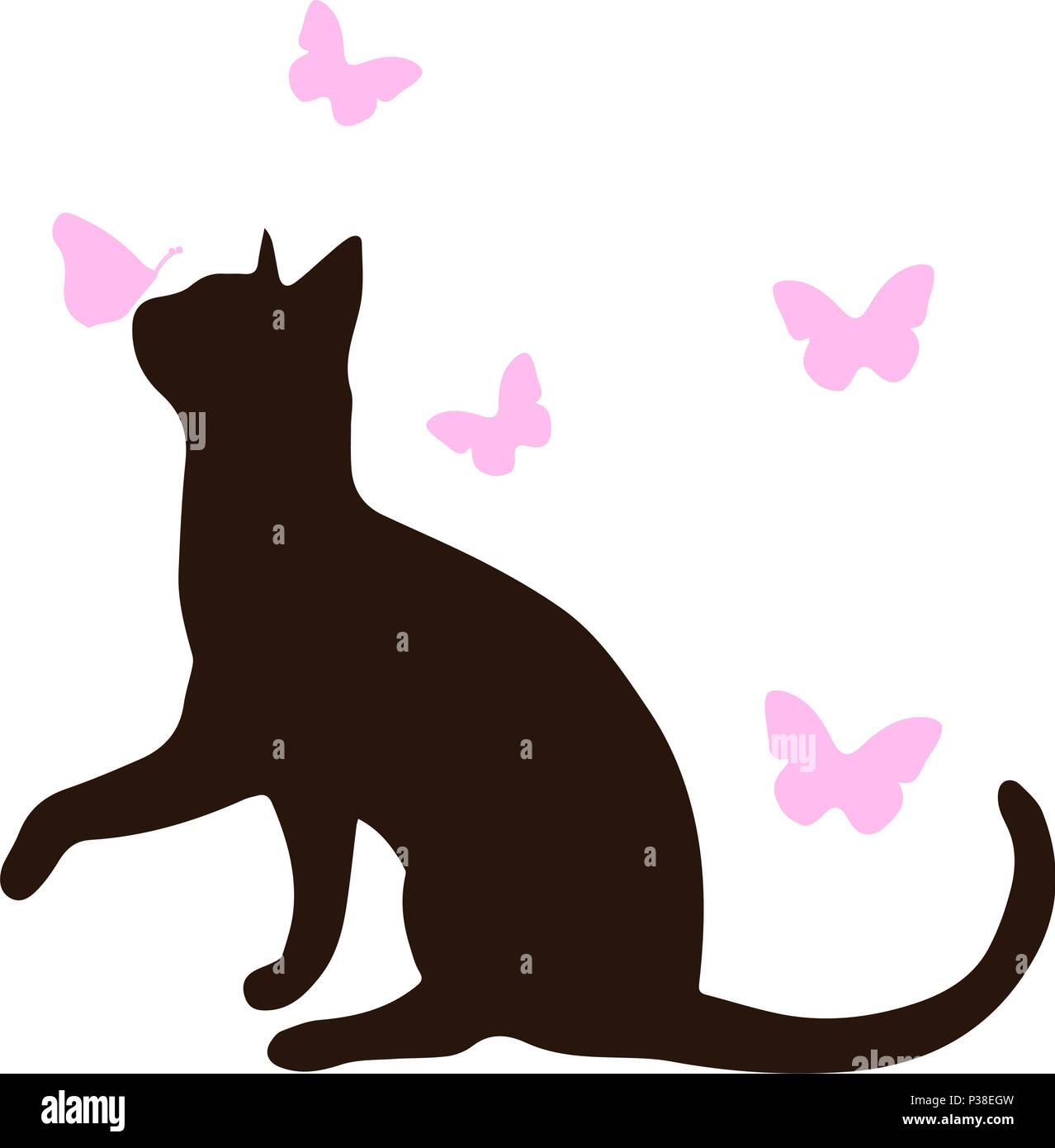 Silhouette einer Katze mit rosa Schmetterlingen. Vector Illustration. Auf einem weißen Hintergrund. Stock Vektor