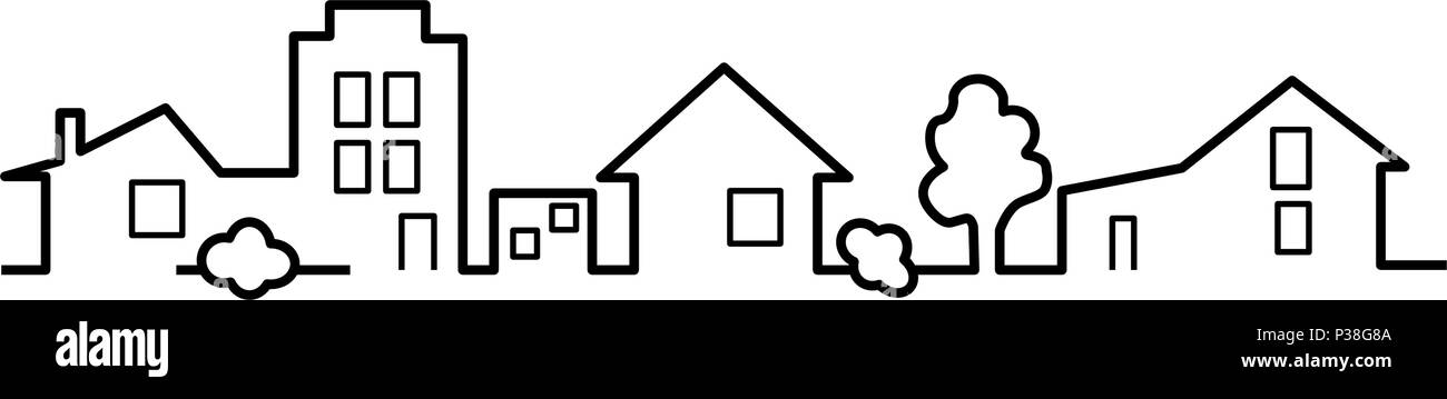 Häuser eine Zeile. Einfachen vektor Illustration. Schwarz-weiß-Bild. Stock Vektor