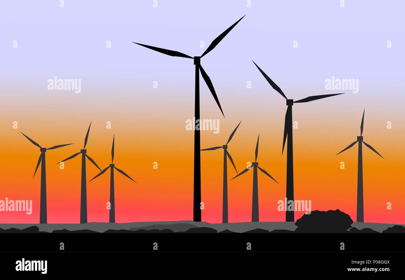 Windmühlen vor dem Hintergrund eines Sonnenuntergangs. Vector Illustration. Stock Vektor