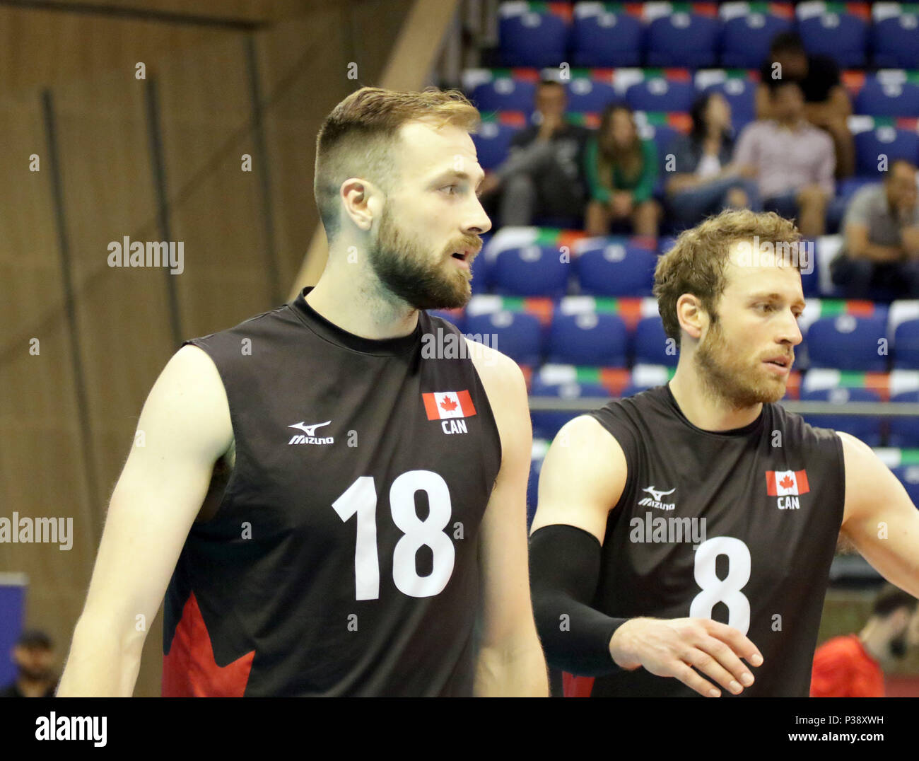 Varna, Bulgarien. 17. Juni 2018. Von links Bradley Robert GUNTER (Kanada), Jay BLANKENAU (Kanada). mens Volleyball Nationen Liga, Woche 4, Kanada vs Frankreich, Palast der Kultur und Sport, Varna/Bulgarien, 17. Juni 2018, der vierte der 5 Wochenenden der ersten Runde in der neu etablierten mens Volleyball Nationas Liga erfolgt in Varna/Bulgarien. Quelle: Wolfgang Fehrmann/ZUMA Draht/Alamy leben Nachrichten Stockfoto