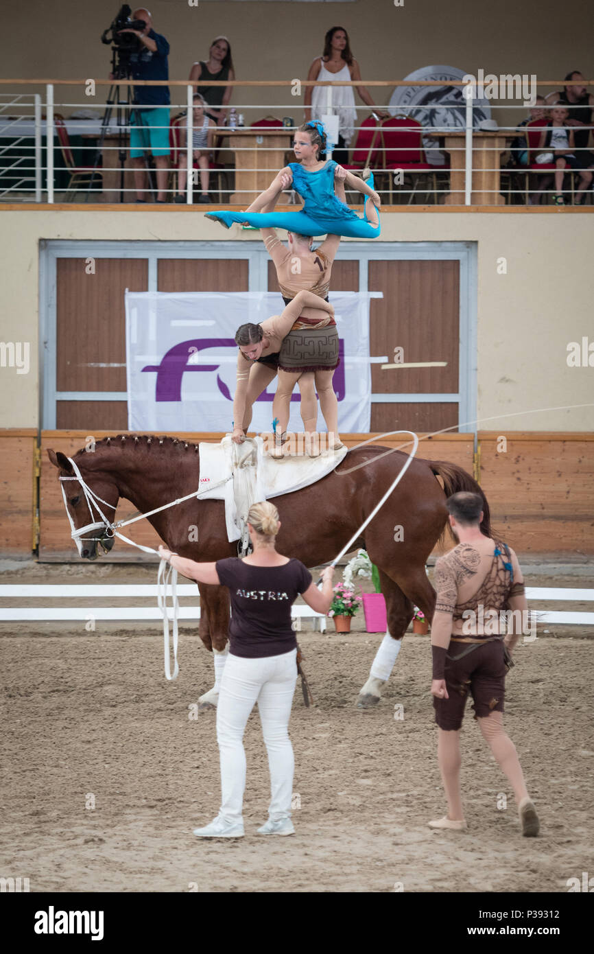 Pezinok, Slowakei. 18 Jun, 2018. Team UVT Eligius aus Österreich in Aktion an Vaulting Wettbewerb am 18. Juni 2018 in Pezinok, Slowakei Credit: Lubos Paukeje/Alamy leben Nachrichten Stockfoto