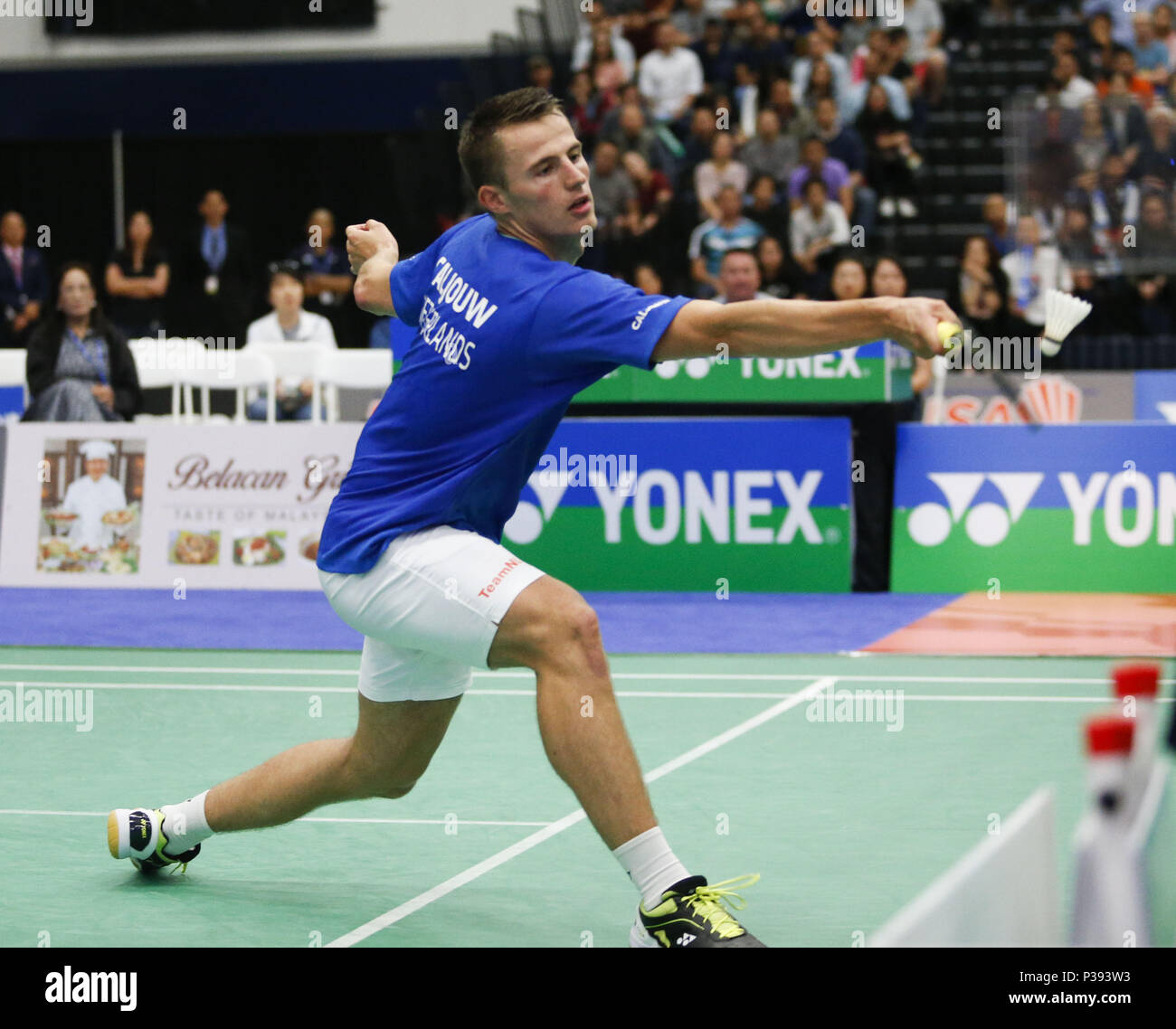 Los Angeles, Kalifornien, USA. 17 Juni, 2018. Markieren Caljouw von Holland, konkurriert mit Lee Dong Keun von Korea, während die Men's singles Finale von den US Open Badminton Championships in Fullerton, Kalifornien, am 17. Juni 2018. Lee gewann 2-1. Credit: Ringo Chiu/ZUMA Draht/Alamy leben Nachrichten Stockfoto