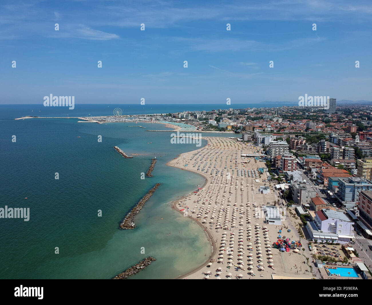 Luftaufnahme von Rimini Strand, Italien Stockfoto