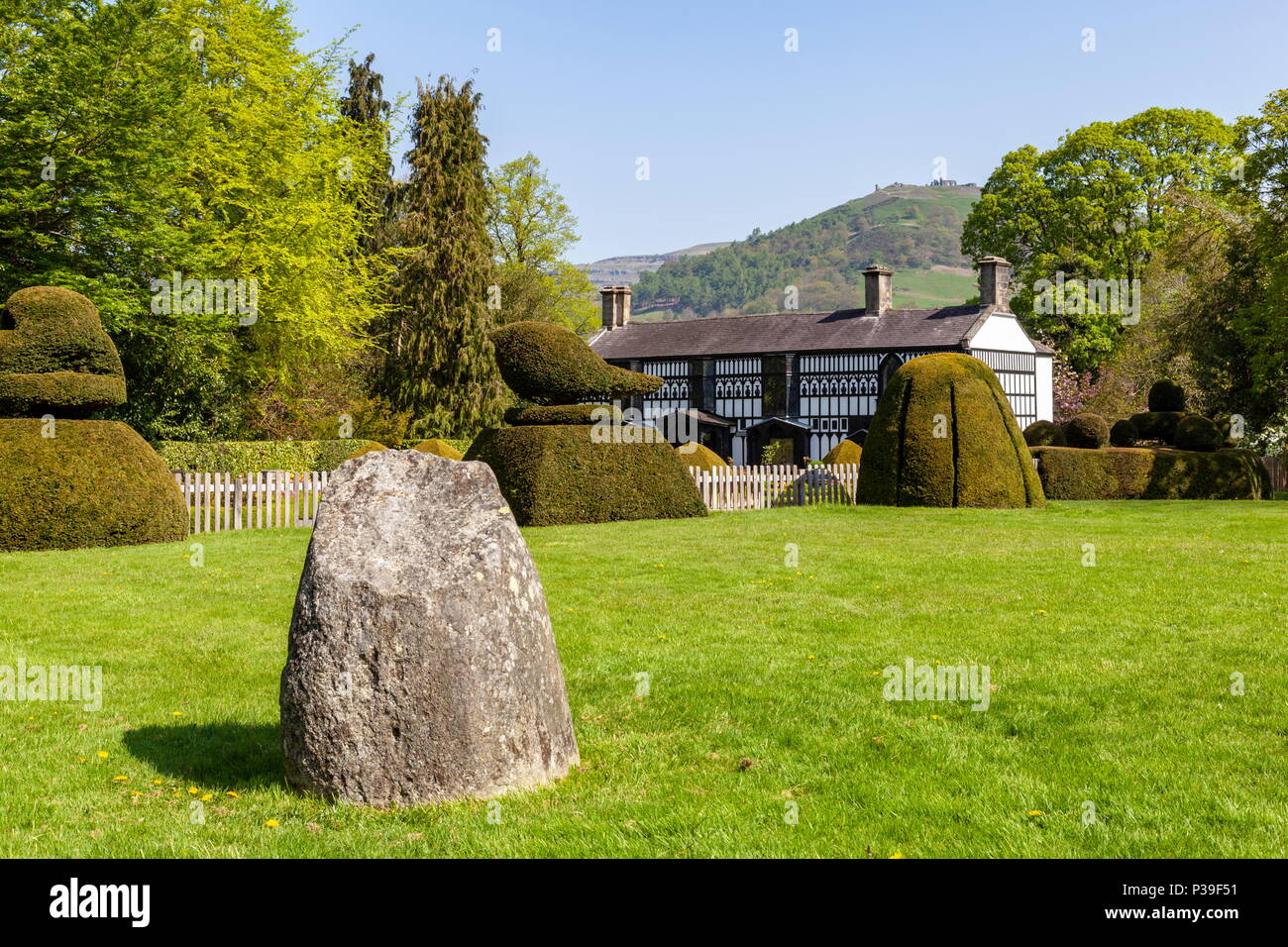 Plas Newydd Haus in Llangollen mit Blick auf Castell Dinas Bran im Hintergrund Stockfoto
