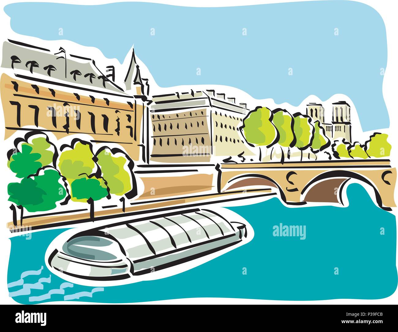 Vector Illustration des Bateaux Mouches auf der Seine in Paris. Stock Vektor