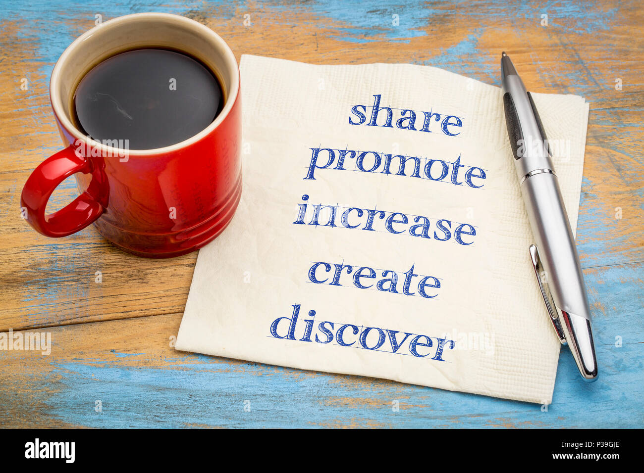 Teilen, Fördern, steigern, Erstellen, entdecken - 5 beste Schlagwörter auf Social Media verwendet werden - Handschrift auf eine Serviette mit einer Tasse Kaffee Stockfoto