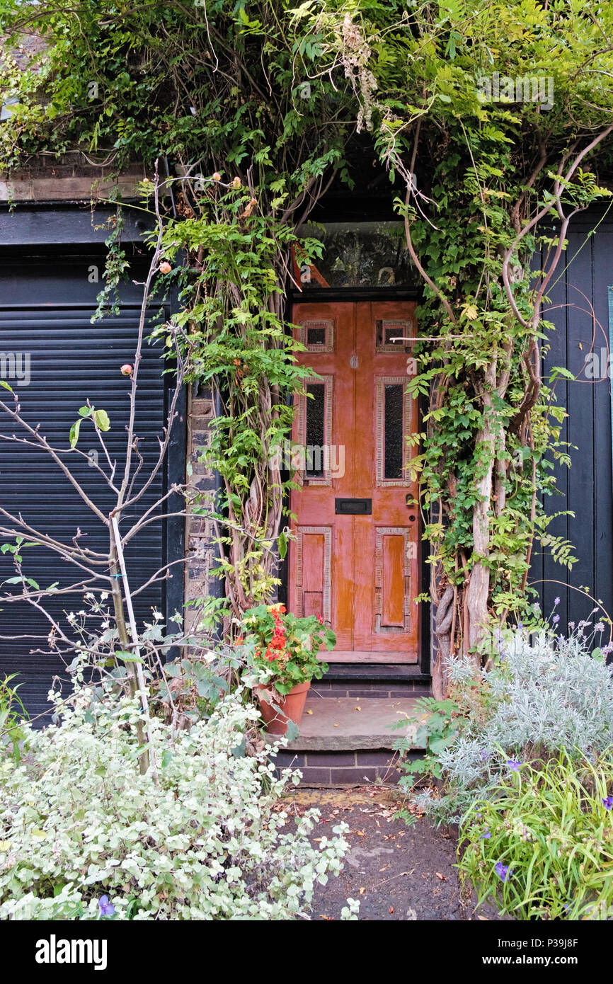 Whimsical Eingang anpassungsfähige Haus, 6 Doughty Mews, Bloomsbury, London. Vordere Tür mit Bäumen, Reben und Sträuchern. Stockfoto