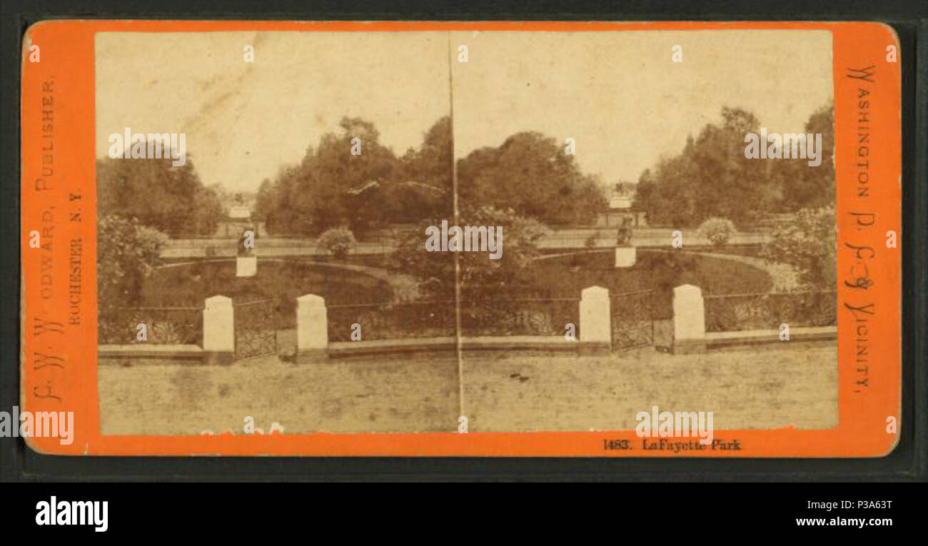 . LaFayette Park. Alternative Titel: Nr. 1483. Englisch: Dies war von der Auffahrt auf der Vorderseite des Weißen Hauses, mit Blick über den Rasen und die Statue von Jefferson, die verwendeten, dort zu sein, über Pennsylvania Avenue Lafayette Park, wo Sie die Statue von Jackson in der Entfernung sehen. Einige der Fotos hier (whitehousemuseum.org) und hier (Bibliothek des Kongresses) sowie File: 1860 s White House.jpg Sehen. Die Bronzestatue wurde anscheinend in dort im Jahr 1848, während der Verabreichung von Polk; Nach w: Norden Rasen (White House), die Statue wurde 1871 entfernt, und pl Stockfoto