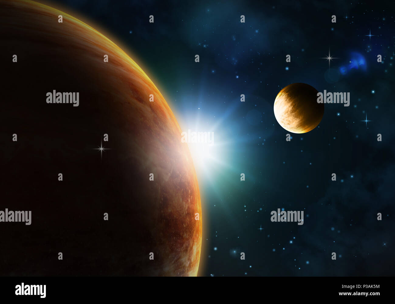 Nacht Himmel Hintergrund mit der fiktiven Planeten, Nebel und Sterne Stockfoto