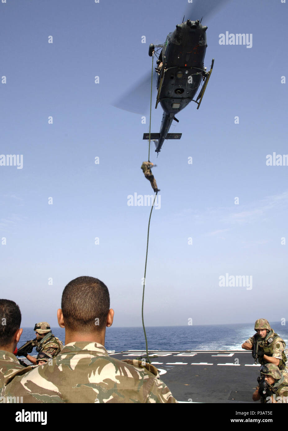 Meer (27. Juni 2005) - Eine italienische Marine rappels aus einem AB-212 Hubschrauber auf dem Flugdeck an Bord der Italienischen Marine Flotte patrol Schiff seine Granatiere (F 585), während einer Demonstration für Matrosen und Marines aus verschiedenen Nationen. Granatiere ist derzeit die Teilnahme an Übung Barbary Thunder II, zusammen mit USS Nashville LPD (13). Barbary Thunder II eine Übung auf der individuellen und kollektiven maritimen Fertigkeiten der teilnehmenden Nationen Entwicklung fokussiert, USA, Marokko, Tunesien, Frankreich, Italien und Spanien. Barbary Donner ist auch entworfen, Freundschaft, gegenseitige zu fördern understa Stockfoto