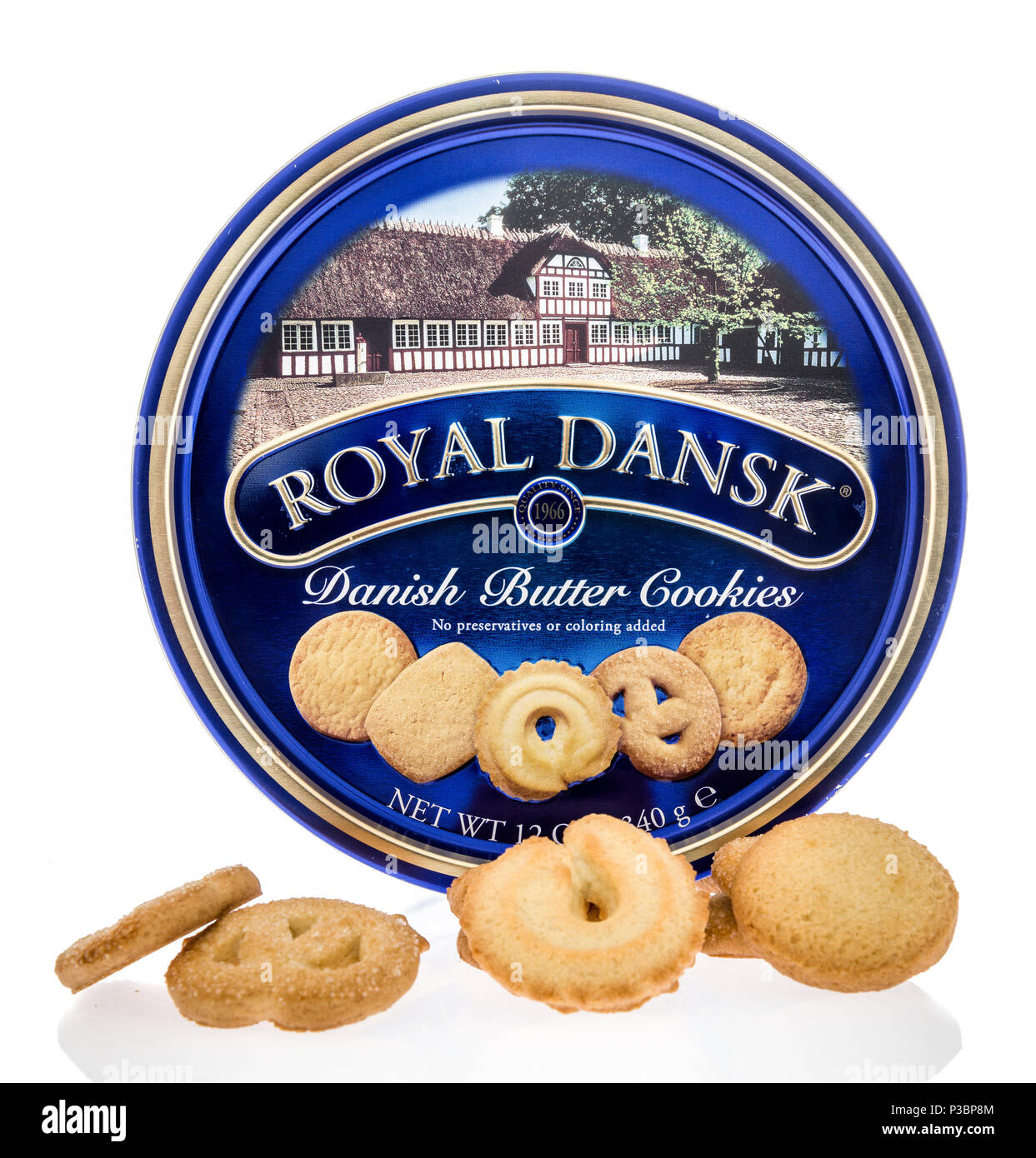 Winneconne - 7. Juni 2018: eine Dose Royal Dansk dänische Butter Cookies auf einer isolierten Hintergrund. Stockfoto