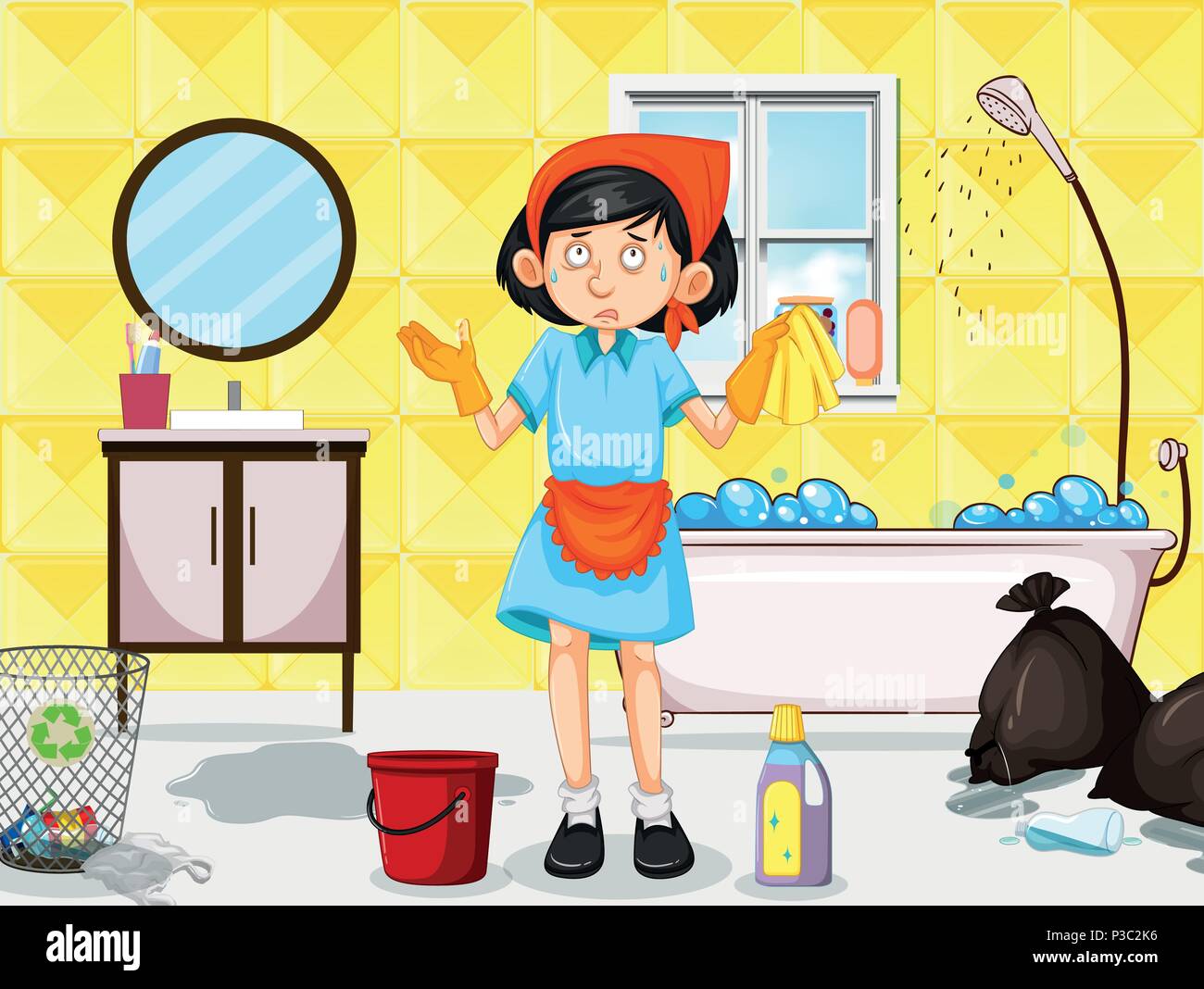 Ein Zimmermädchen Reinigung dreckige Toilette Abbildung Stock Vektor