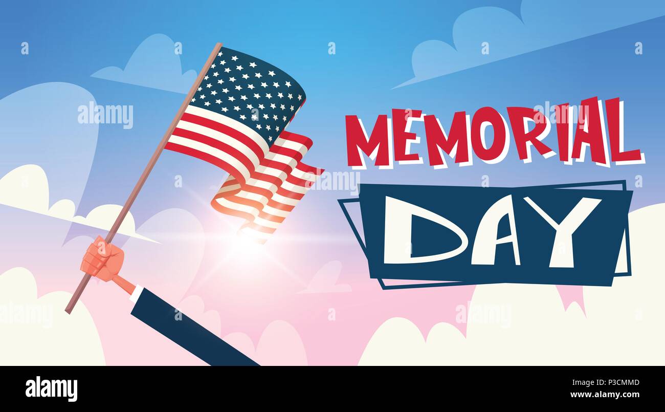 Memorial Day USA Grußkarte Tapeten, Hand halten nationale amerikanische Flagge mit den Sternen am Himmel Hintergrund, flache Bauform, Stock Vektor