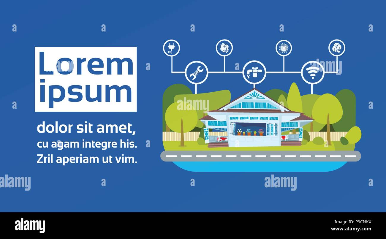 Smart house Green Energy Technology System Zentrale Steuerung von Beleuchtung, Heizung, Lüftung und Klimaanlage, Strom, Internet. smart home Konzept, flach, Kopie Raum Stock Vektor