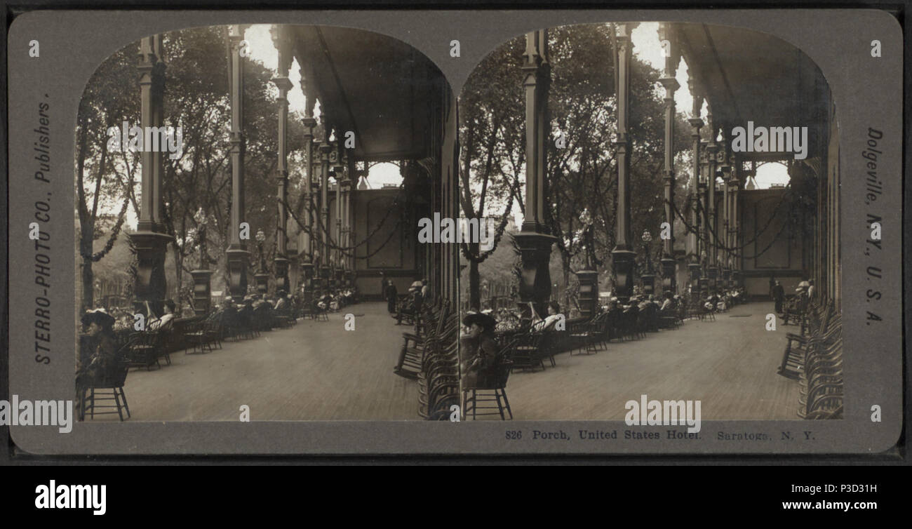 . Veranda, United States Hotel, Saratoga, NEW YORK, Erstellt: Ca. 1900. Abdeckung: [1858?-1905?]. Quelle Impressum: [1858?-1905?]. Digitale Element veröffentlicht 12-1-2005; 2-11-2009 aktualisiert. 240 Veranda, United States Hotel, Saratoga, N.Y, von Stereo Foto Co. Stockfoto
