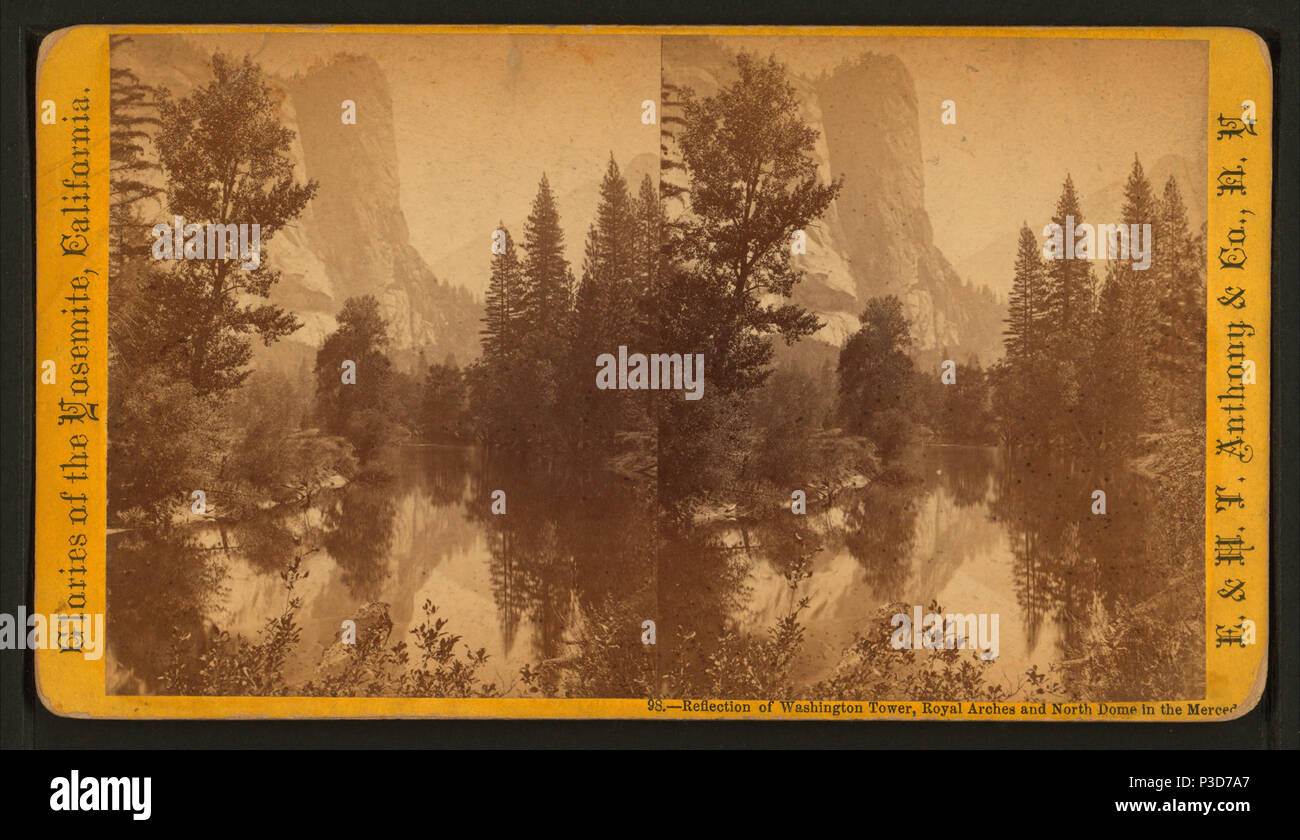 . Reflexionen von Washington Tower, Royal Bögen und Norden Kuppel in der Merced. Alternative Titel: Herrlichkeiten der Yosemite, Kalifornien, 98. Abdeckung: 1860?-1874?. Digitale Element veröffentlicht 8-31 2005; 2-12-2009 aktualisiert. 252 Reflexionen von Washington Tower, Royal Bögen und Norden Kuppel in der Merced, durch E.&amp; HT Anthony (Hart) 3. Stockfoto