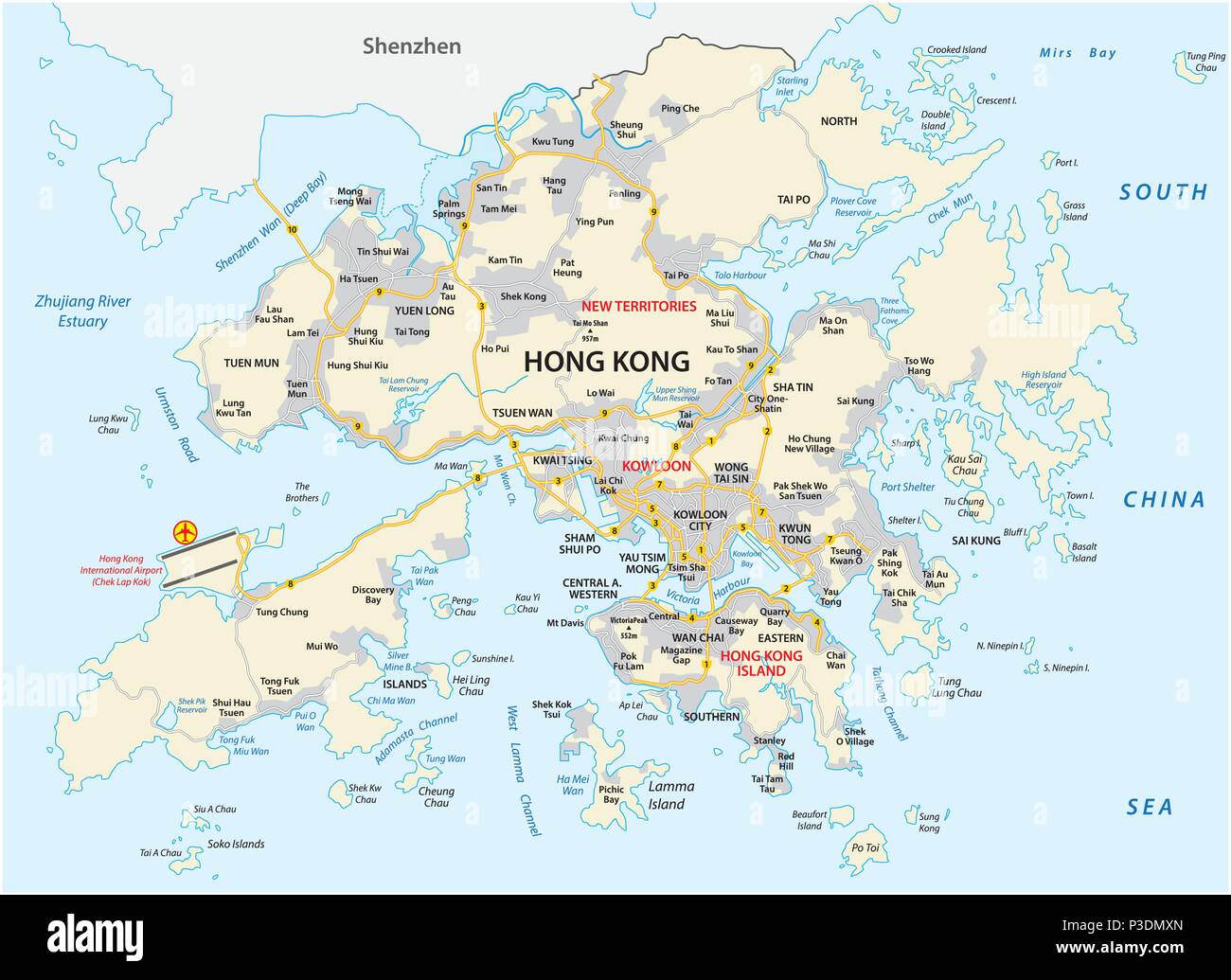 Hong Kong Special Administrative Region der Volksrepublik China Straße Vektorkarte Stock Vektor