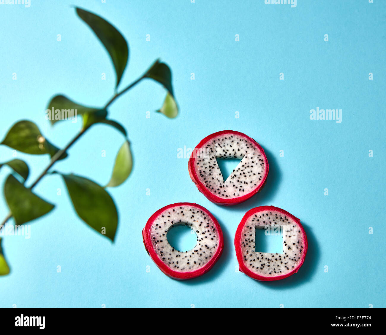 Kreative Komposition von Stücken Pitaya und grüne Zweige auf blauem Papier Hintergrund Stockfoto